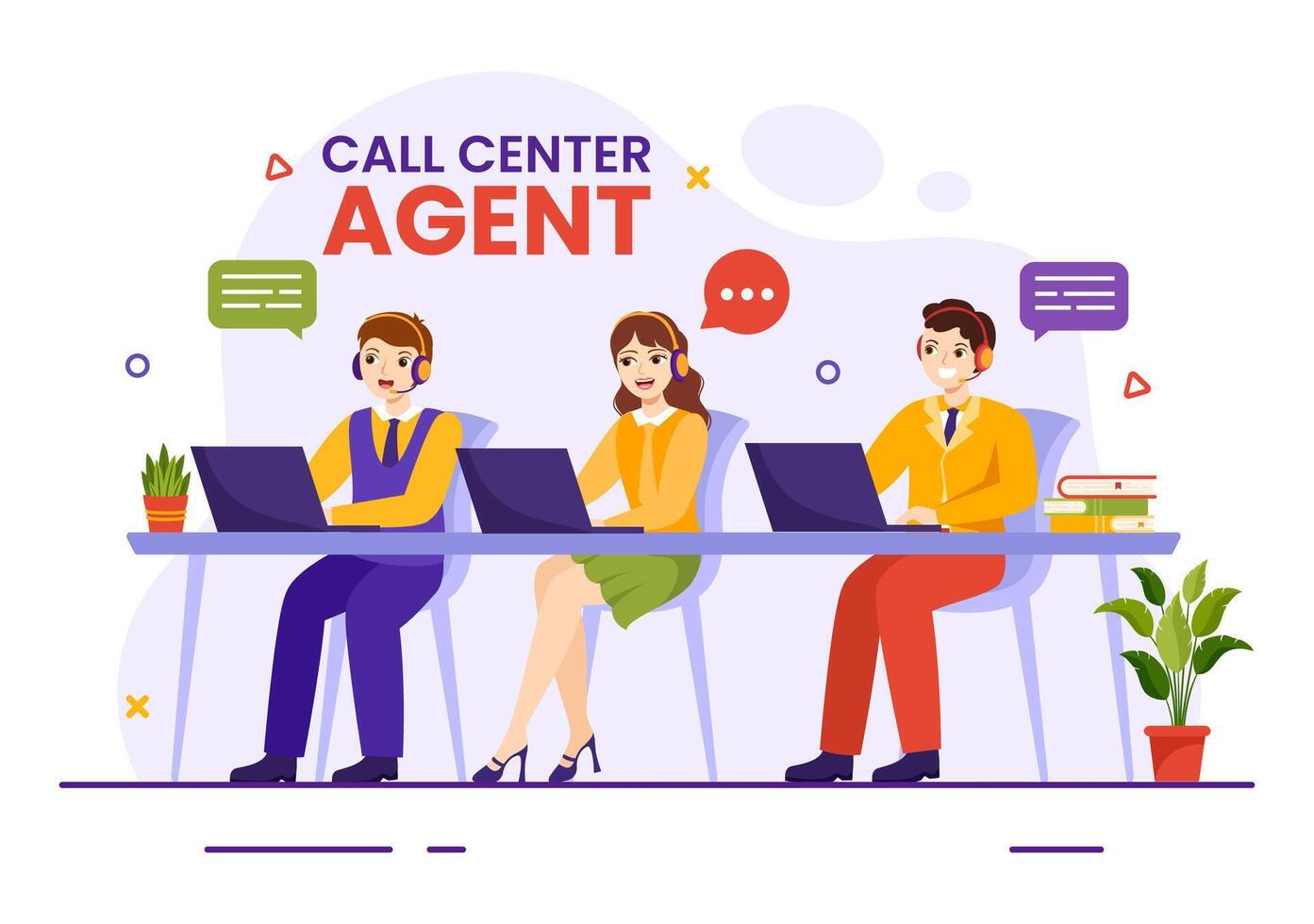 call-center-agent-illustration-of-customer-service-or-hotline-operator-with-headsets-and-computers-in-flat-cartoon-background-vector